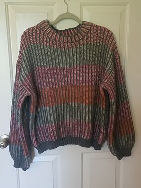 Women's Striped Crewneck Sweater in Green, Pink & Orange